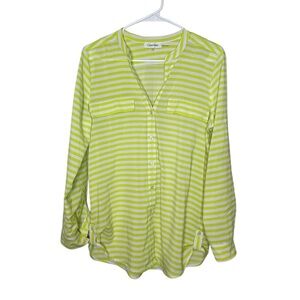 Calvin Klein Women's Neon Green & White Stripe Button Up Blouse Medium